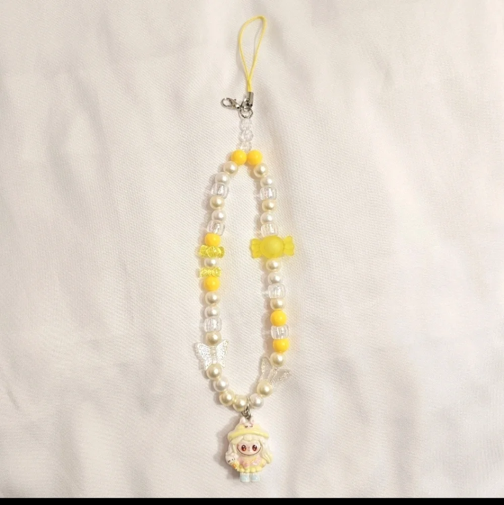 Cute Pastel Yellow Girly Dainty Elegant Beaded Labubu Phone Charm or Wrist Strap